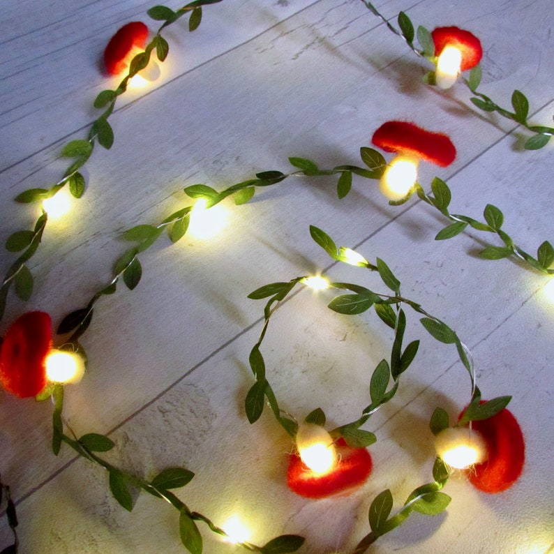 Mushroom Fairy Lights Green Leaf garland. LED red toadstool lamp string lights. Fairycore woodland nursery party decor. Goblincore fall vine image 7