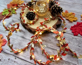 Rustic Autumn garland string lights. Fairy lights fall decor. Autumn home decor table runner. Cosy Farmhouse fall Halloween party decoration