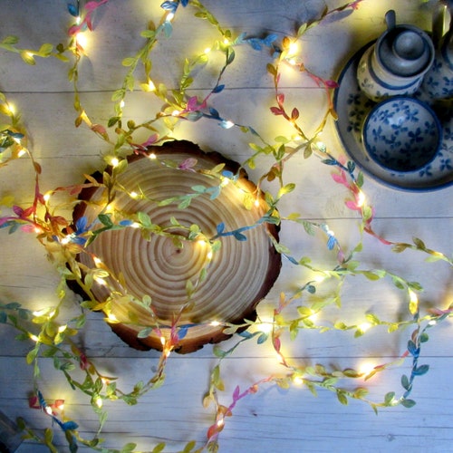 Fairy lights of Pastel Rainbow leaf vine garland. Summer table decorations. Woodland wedding party decor LED usb mains battery string lights