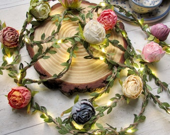 Flower garland string lights. Rustic boho fairy lights bunting with roses, leaves, LED. Summer wedding, easter party, Spring home decor gift