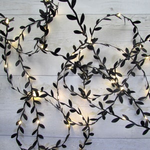 May include: A string of decorative fairy lights featuring thin, flexible wire intertwined with small, matte black artificial leaves. The strand is illuminated by numerous tiny, warm white LED bulbs positioned at intervals along the vine-like structure.