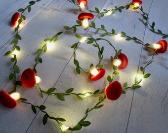 Mushroom Fairy Lights Green Leaf garland. LED red toadstool lamp string lights. Fairycore woodland nursery party decor. Goblincore fall vine