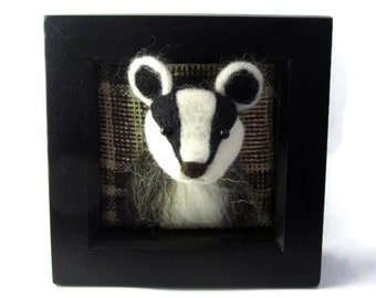 Framed Badger brooch, 2 in 1 wearable art/ woodland decor/ Badger jewellery/ needle felted badger/ woodland animal/ wildlife gift