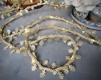 Luxury gold cord fairy lights. Oak leaf & acorn design. Cream satin rope garland. Wedding decor, fall decor, christmas home decor lighting