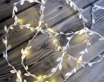 Silver Vine Leaves garland fairy lights, battery, usb plug, remote control string lights. ivy leaf bunting. Christmas wedding decoration