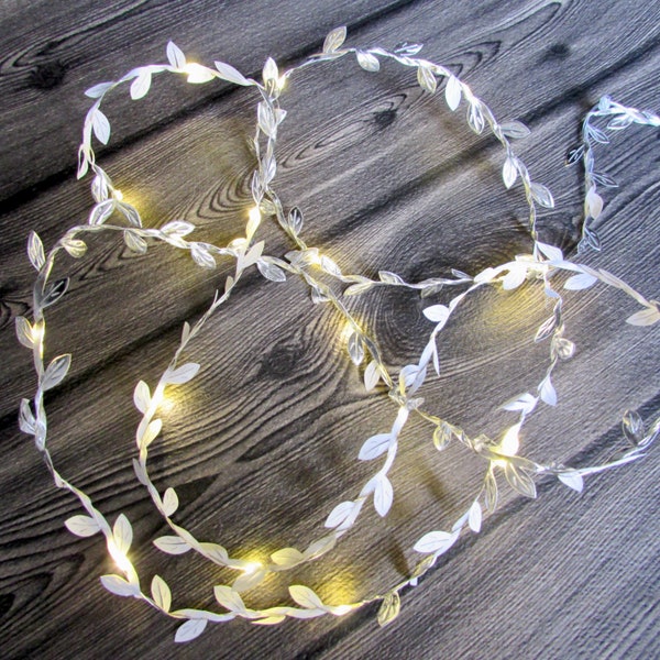 Silver Vine Leaves garland fairy lights, battery, usb plug, remote control string lights. ivy leaf bunting. Christmas wedding decoration
