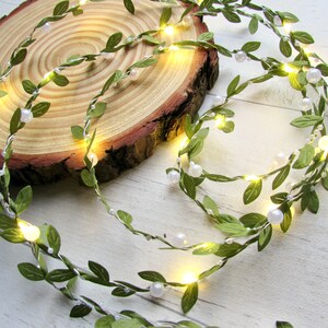 Pearl & leaf fairy lights. Vine leaves greenery garland. Battery string lights. Boho wedding home decor. Bedroom Dining table party lighting image 9