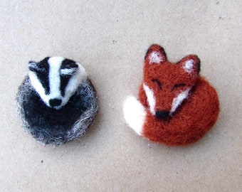 Fox or Badger Brooch, Cute needle felted wearable art. Perfect gift for animal lover. Wildlife Woodland animal gift. Fox & Badger jewellery