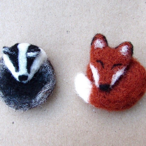 Fox or Badger Brooch, Cute needle felted wearable art. Perfect gift for animal lover. Wildlife Woodland animal gift. Fox & Badger jewellery