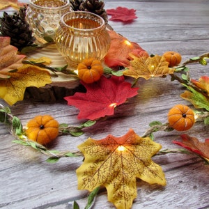 May include: A string of fairy lights with small pumpkins and fall leaves. The lights are wrapped around a brown twine garland. The leaves are red, orange, and yellow.