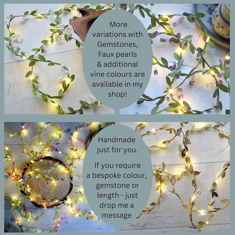 May include: A collection of decorative string lights featuring green artificial vines intertwined with warm white LED bulbs, clear crystals, faux pearls, purple amethyst-like stones, and metallic gold leaves, displayed in four distinct arrangements.