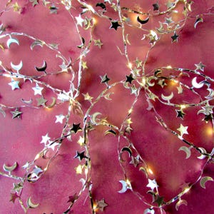 Moon & Stars Fairy lights. Silver string lights. Fantasy lighting Celestial room decor. Witchy Galactic metallic Christmas decor decorations