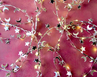 Moon & Stars Fairy lights. Silver string lights. Fantasy lighting Celestial home decor. Witchy Galactic metallic Christmas room decor