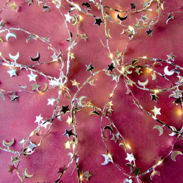 Moon & Stars Fairy lights. Silver string lights. Fantasy lighting Celestial room decor. Witchy Galactic metallic Christmas decor decorations