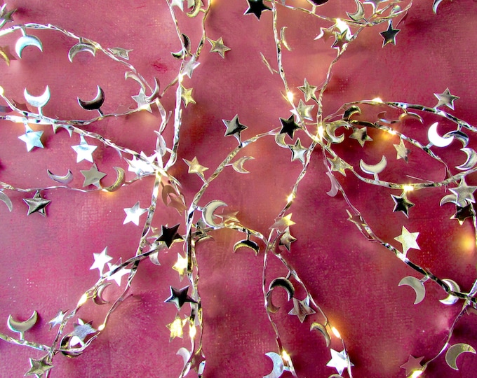 Moon & Stars Fairy lights. Silver string lights. Fantasy lighting Celestial room decor. Witchy Galactic metallic Christmas decor decorations