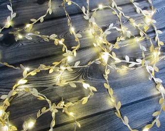 Gold Vine Leaves fairy lights garland. battery, usb plug, remote control string lights. ivy leaf bunting. Christmas boho wedding decoration