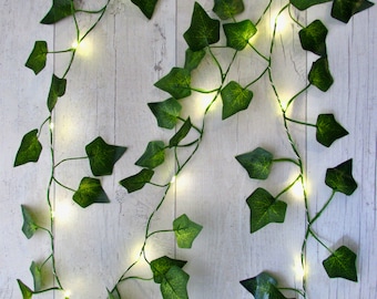 Ivy leaf garland string lights, 2 meter bundles battery fairy lights, evergreen ivy bunting. Cottagecore Christmas decoration. Wedding decor