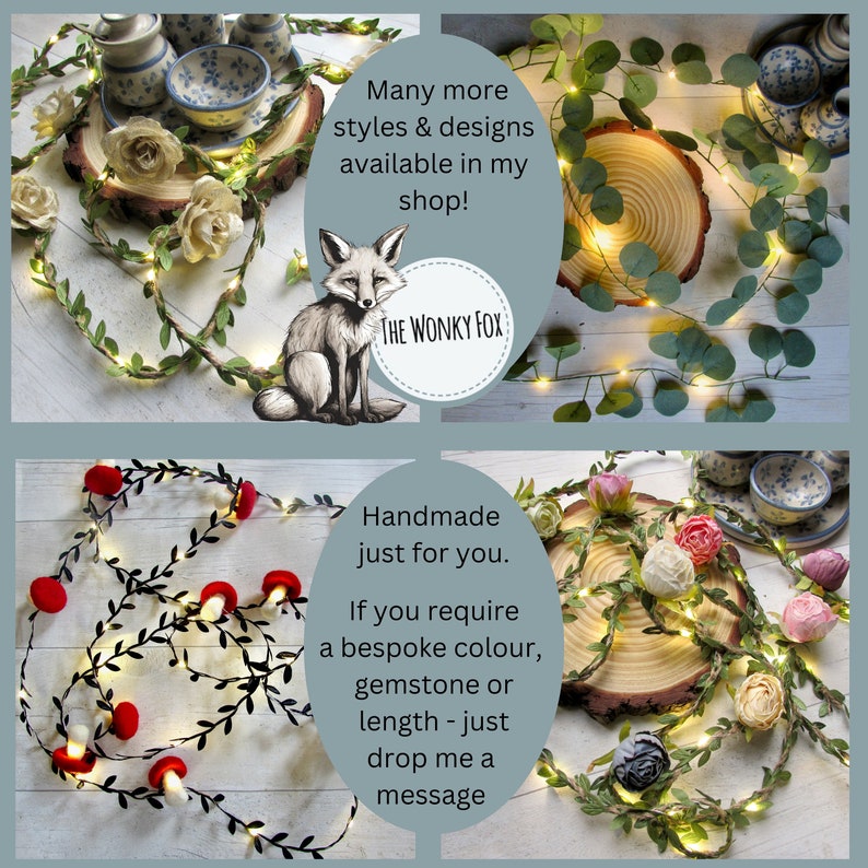 May include: A string of fairy lights wrapped around a garland of faux greenery with small red mushroom-shaped ornaments. The lights are warm white and the garland is black. The text "Handmade just for you. If you require a bespoke colour, gemstone or length - just drop me a message" is visible in the image.