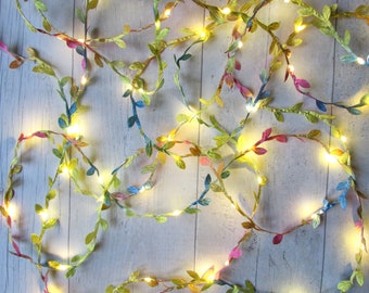 Fairy lights of Pastel Rainbow Leaves, leaf garland. battery, usb LED string lights. dining table decorations. Boho Woodland wedding party