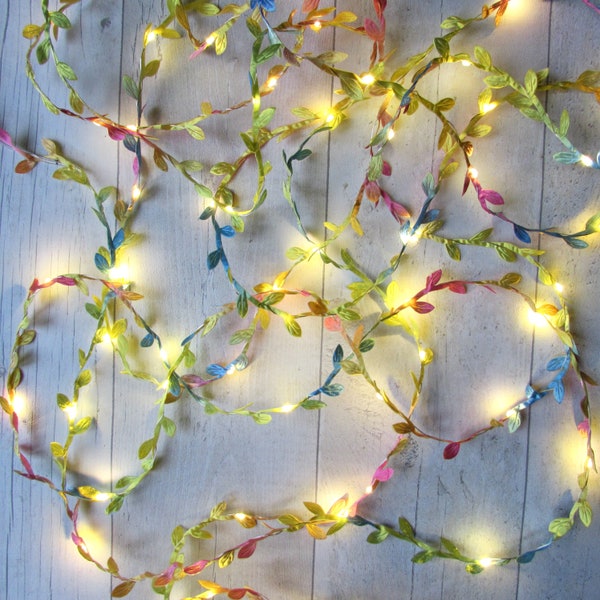 Fairy lights of Pastel Rainbow Leaves, leaf garland. battery, usb LED string lights. dining table decorations. Boho Woodland wedding party