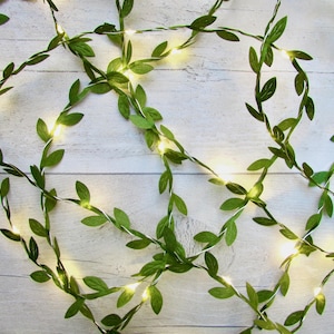 Green Leaf string lights, Lit garland fairy lights. Indoor LED lights. Rustic Wedding table decor. Christmas lighting, party decorations uk