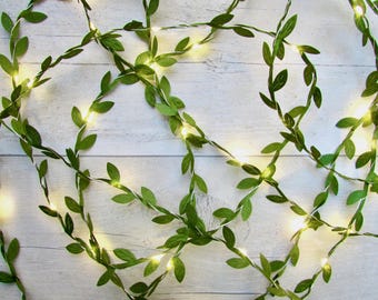 Green Leaf string lights, Lit garland fairy lights. Indoor LED lights. Rustic Wedding table decor. Christmas lighting, party decorations uk