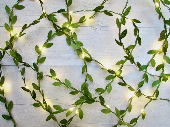 Green Leaf string lights, Lit garland fairy lights. Indoor LED lights. Rustic Wedding table decor. Christmas lighting, outdoor entertaining