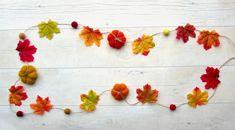 Autumn Garland of Felt Pumpkins or Toadstool Mushrooms Fall Leaves Pompom Balls. Rustic bunting. Halloween decorations. party home decor image 3