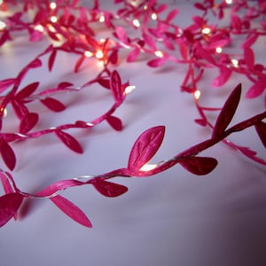 May include: A string of decorative fairy lights featuring vibrant magenta fabric leaves attached to a thin, flexible silver wire. The strand is illuminated by small, warm white LED bulbs interspersed among the leaves, creating a glowing effect.