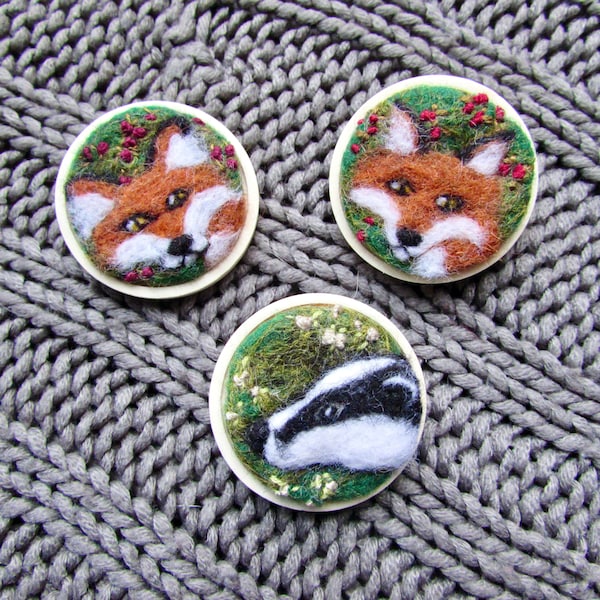 Needle felt fox and badger brooches. Natural wool and wood, country chic, cottagecore style.