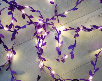 Purple Fairy Lights, Olive leaf vine boho garland. Battery string lights, table decorations. Woodland wedding party, bedroom, centrepiece