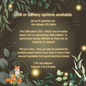 May include: An informational graphic with a dark background and green leaf illustrations featuring a fox. Text reads: USB or battery options available, All my lit garlands are low voltage LED lights, The USB option (5V) runs on mains power, and 5V usb adaptor-between 2 & 2.8 amp.
