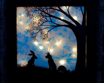 Fox & Rabbit Woodland light frame/ Woodland lamp/ silhouette shadow box/ nursery decor/ Nursery Night Light/ fox decor/ hare decor/ wildlife