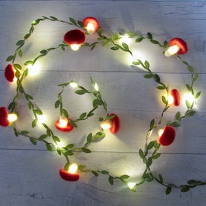 Mushroom Fairy Lights Green Leaf garland. LED red toadstool lamp string lights. Fairycore woodland nursery party decor. Goblincore fall vine image 2