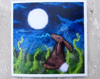 Any occasion Rabbit greeting card. Hare birthday card. Blank cards. british wildlife art,  Moon gazing hare. Recycled FSC Certified paper