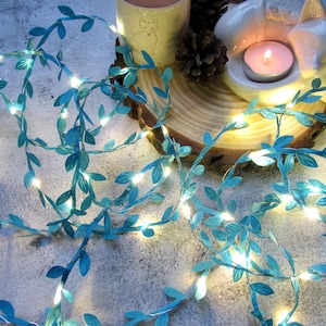 Frosty blue rustic string lights. Holiday fairy lights. Leaf garland bunting, Christmas lights, Farmhouse home decor, winter wedding table image 7