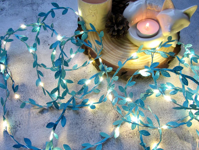 Frosty blue rustic string lights. Holiday fairy lights. Leaf garland bunting, Christmas lights, Farmhouse home decor, winter wedding table image 7