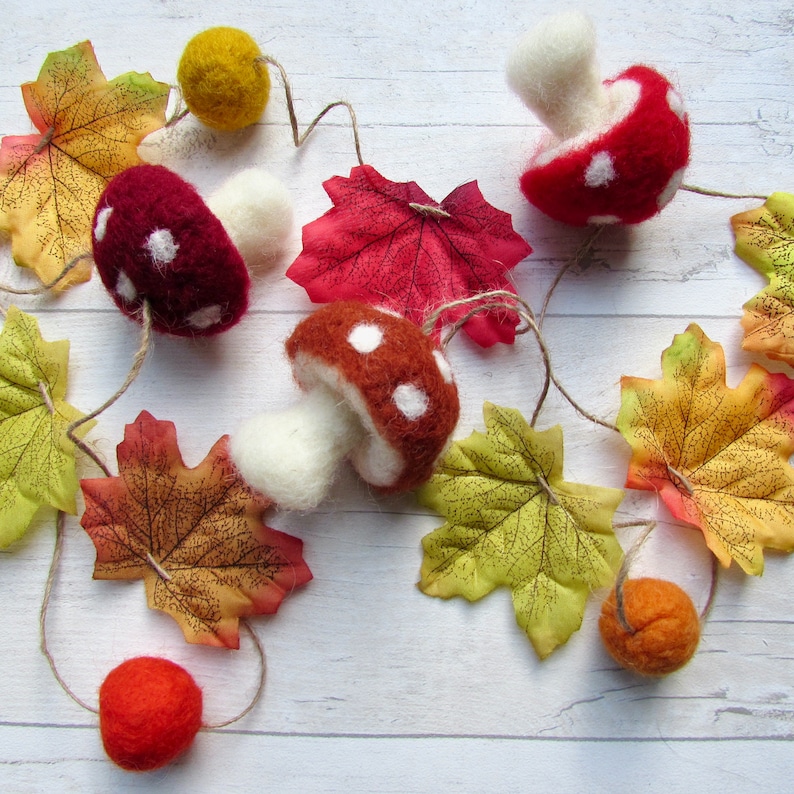 Autumn Garland of Fall Leaves Toadstool Mushrooms Pumpkins & Felt Balls. Rustic Fall decor halloween party bunting Christmas decor host gift image 1