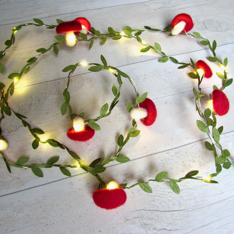 Mushroom Fairy Lights Green Leaf garland. LED red toadstool lamp string lights. Fairycore woodland nursery party decor. Goblincore fall vine image 9