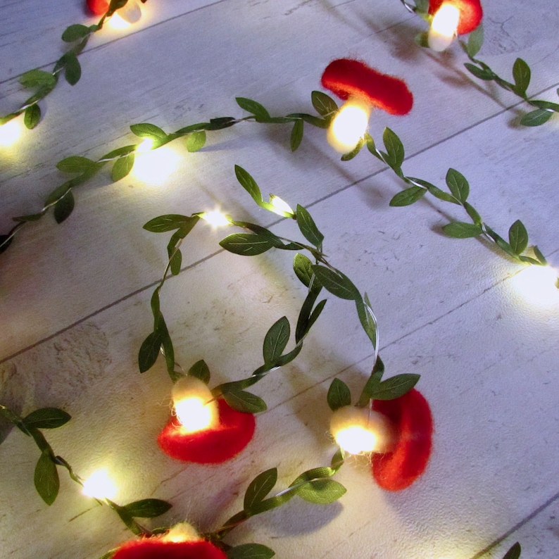 Mushroom Fairy Lights Green Leaf garland. LED red toadstool lamp string lights. Fairycore woodland nursery party decor. Goblincore fall vine image 10