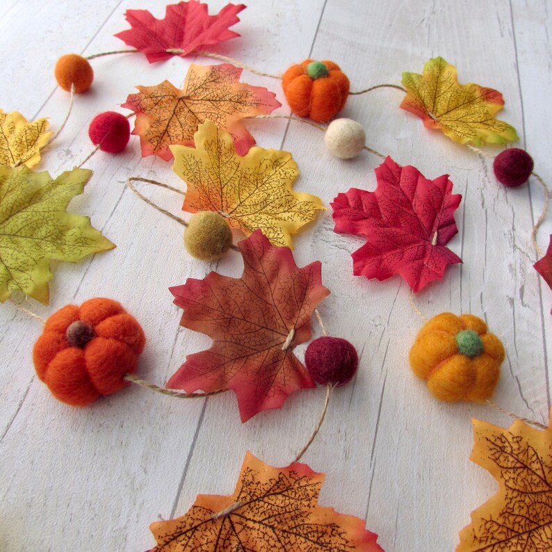 Autumn Garland of Felt Pumpkins or Toadstool Mushrooms Fall Leaves Pompom Balls. Rustic bunting. Halloween decorations. party home decor image 5