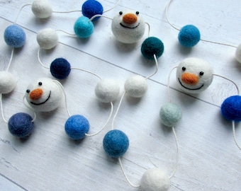 Christmas Snowman Garland and Snowman Bauble Tree Ornaments. Wool felt bunting & holiday decor xmas decorations, rustic, eco friendly, uk