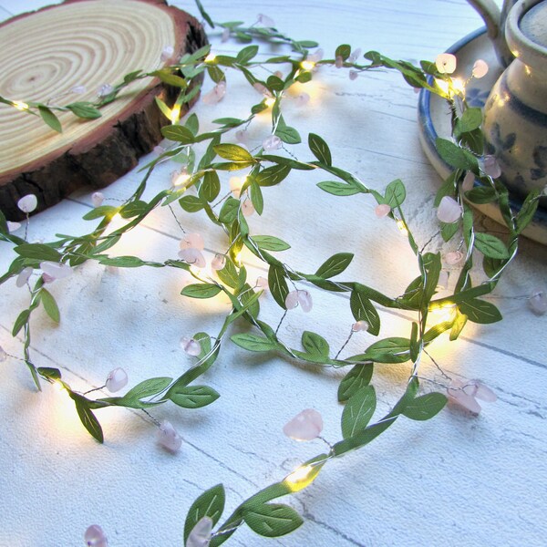 Rose Quartz & Olive Leaf vine fairy lights. Battery LED gemstone string lights. Wedding, home decor. Bedroom Dining table, party decorations