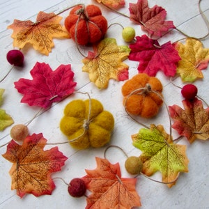 May include: A decorative garland featuring felted wool pumpkins in orange and yellow, interspersed with artificial maple leaves in shades of red, orange, and yellow, and small felted wool balls in various colors, all strung together on a thin twine cord.