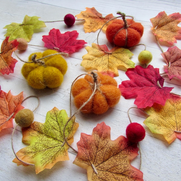 Fall Pumpkin Garland of Felt Pumpkins, Autumn Leaves, Wool felt Ball, Toadstool Mushrooms. Rustic decor bunting. Halloween decorations