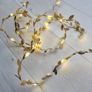 Gold Vine Leaves garland fairy lights, battery, usb plug, remote control string lights. ivy leaf bunting. Christmas wedding decoration