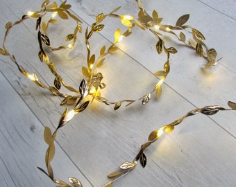 Gold Vine Leaves garland fairy lights, battery, usb plug, remote control string lights. ivy leaf bunting. Christmas wedding decoration