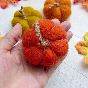 May include: Three small, round, needle-felted pumpkins in vibrant shades of orange, mustard yellow, and a lighter orange. Each pumpkin features a textured, fuzzy surface and a short, twisted brown twine stem attached to the top center.