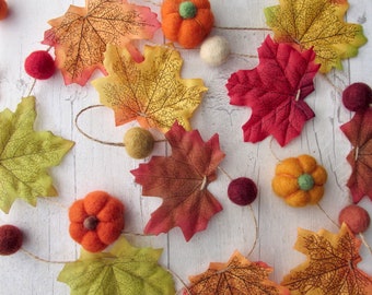 Autumn Garland of Fall Leaves Pumpkins Toadstool Mushrooms Felt balls. Rustic bunting. Wedding decorations, halloween, Christmas decor