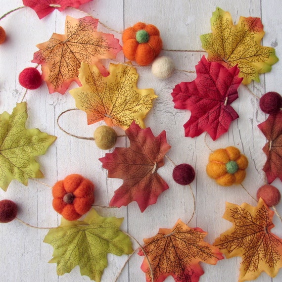 Autumn Garland of Fall Leaves Pumpkins Toadstool Mushrooms Felt balls. Rustic bunting. Wedding decorations halloween Christmas home decor uk